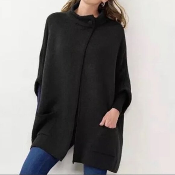 LC Lauren Conrad Black Solid Knit Riding Cape Poncho Pockets Cardigan One Size - Picture 1 of 15